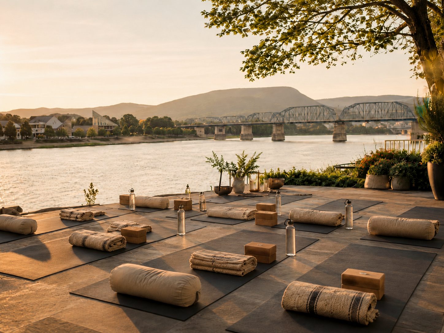 Yoga mats, bolsters, and blocks set for an outdoor session on the Chattanooga riverfront at golden hour, with the Walnut Street Bridge in the background