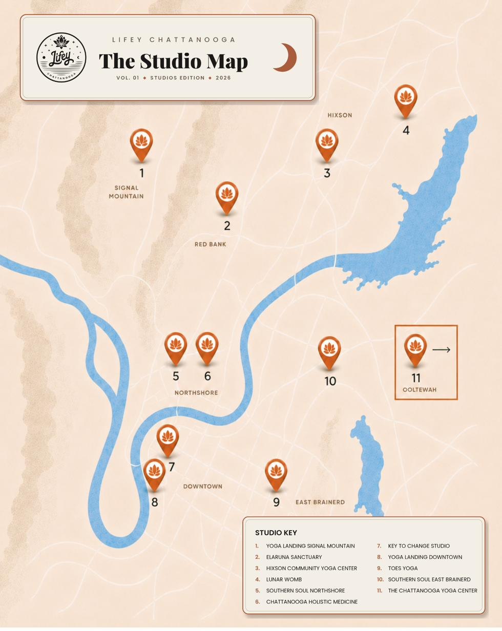 The Lifey Chattanooga Studio Map, Vol. 01 — an illustrated map of yoga studios and healing spaces across Chattanooga, from Signal Mountain to Ooltewah, with a numbered studio key.